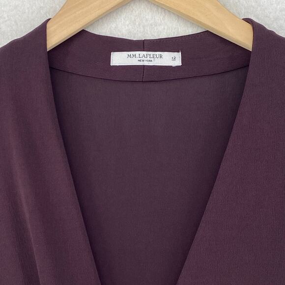 M.M LAFLEUR Blouse 2 Crepe Faux Wrap Deneuve Stretch Draped Long Sleeve Purple - Picture 3 of 10